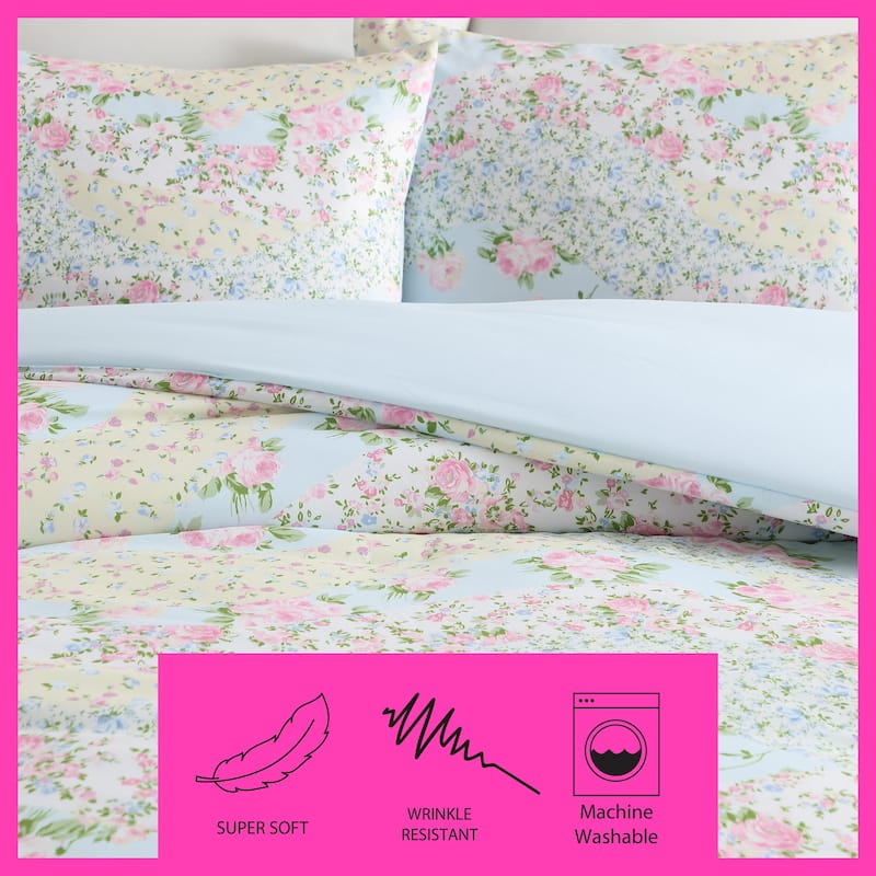 Betsey Johnson Patchwork Floral Reversible Blue Comforter Bonus Set