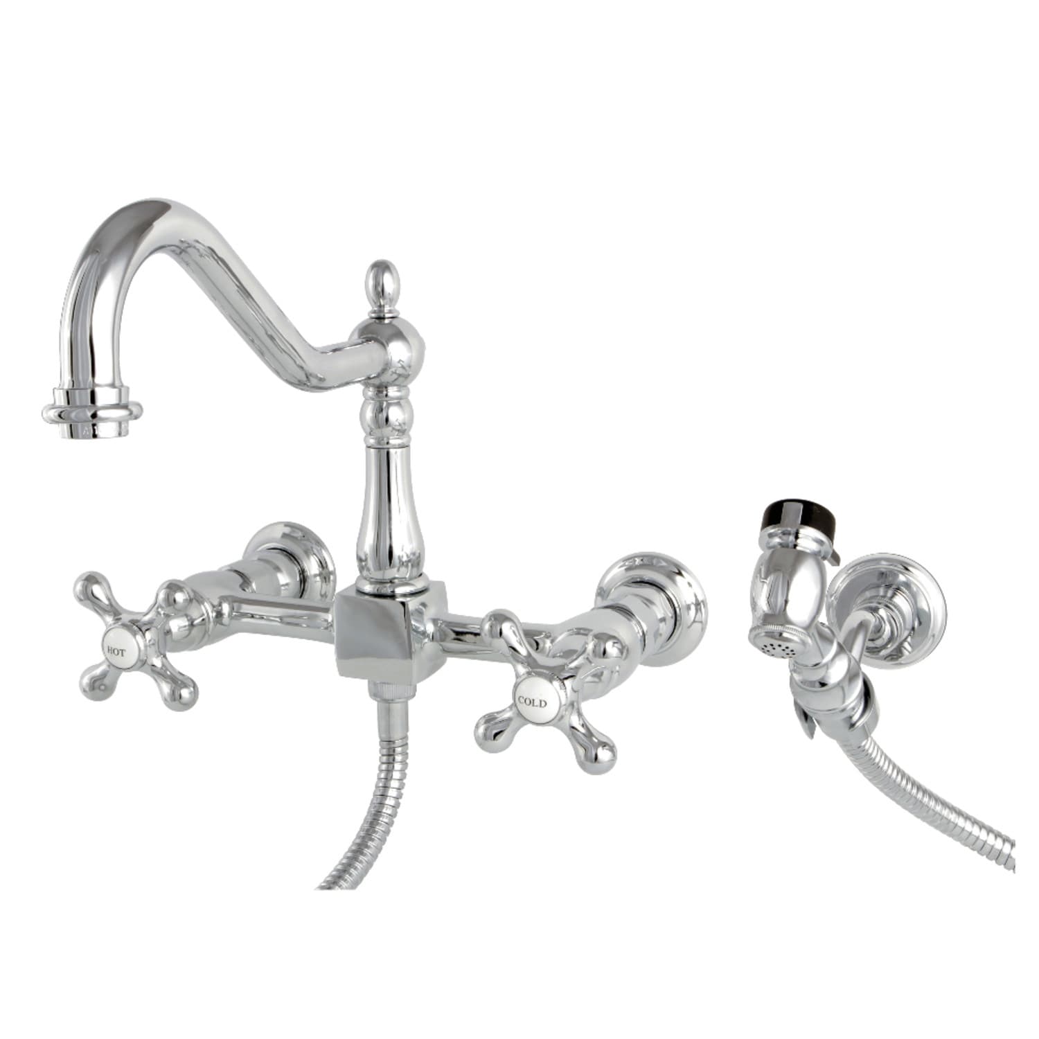 Heritage Two-Handle Wall Mount Bridge Kitchen Faucet with Brass Sprayer