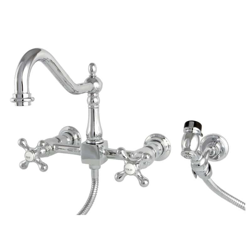 Heritage Two-Handle Wall Mount Bridge Kitchen Faucet with Brass Sprayer - Polished Chrome