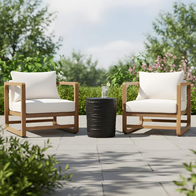 Christopher Knight Home - Modern Outdoor Acacia Wood Conversation Set with White Cushions and Side Table - 16" Black Side Table - 2 chair
