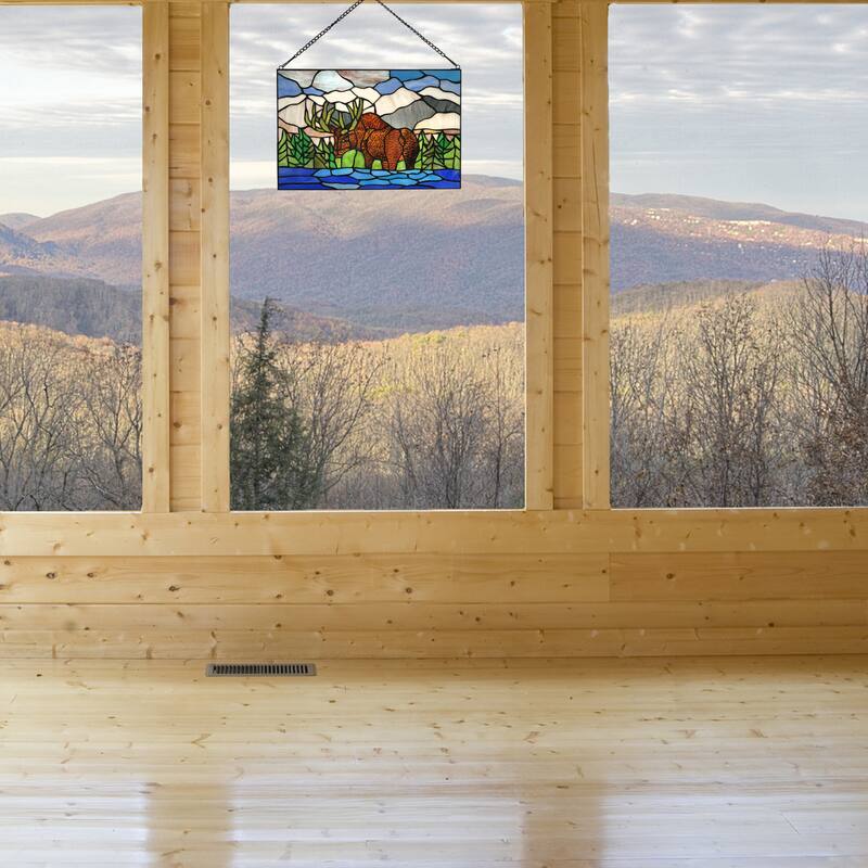 River of Goods Mountainscape Moose River of Goods Brown, Blue and Green Stained Glass Window Panel - 18.25" x 0.25" x 12"