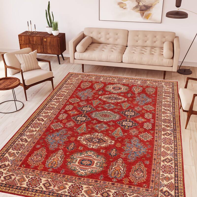 Caucasian Super Kazak Indigo Red/Natural Hand Knotted Wool Rug - 8'10'' x 12'7''