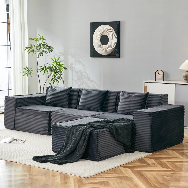 L-Shaped Modular Sectional Sofa,3-Seater with Ottoman,Striped Corduroy Fabric for Home, Apartment, Office
