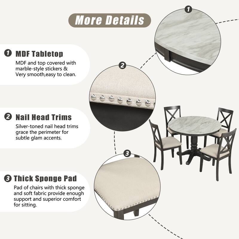 5-Piece Solid Wood Dining Table Set with 4 Chairs, Modern Marble-Style Table, Rubberwood Frame for Kitchen or Dining Room