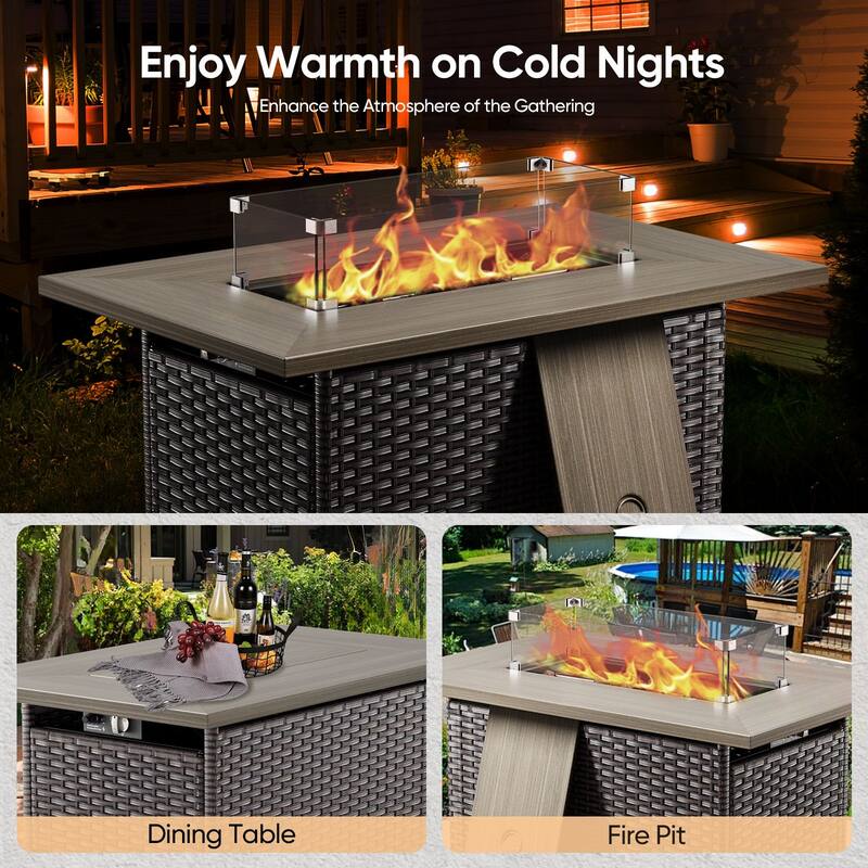 Outdoor Propane Fire Pit Table - 55000 BTU, Adjustable Flames with Wind Guard - Rectangle