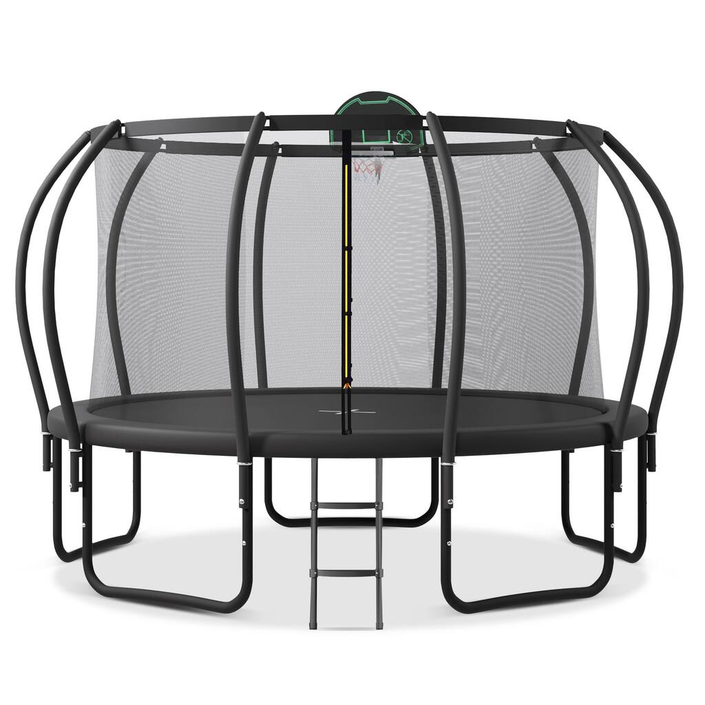 14FT Trampoline for Kids with Upgraded ArcPole and Composite TopLoop for Safety Enclosure, Plus Basketball Board and 10 Ground S