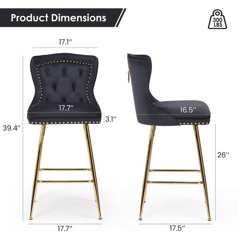 Set of 2 Black Velvet Wingback Bar Stools, Button Tufted with Nailhead Trim & Metal Legs - Counter Height