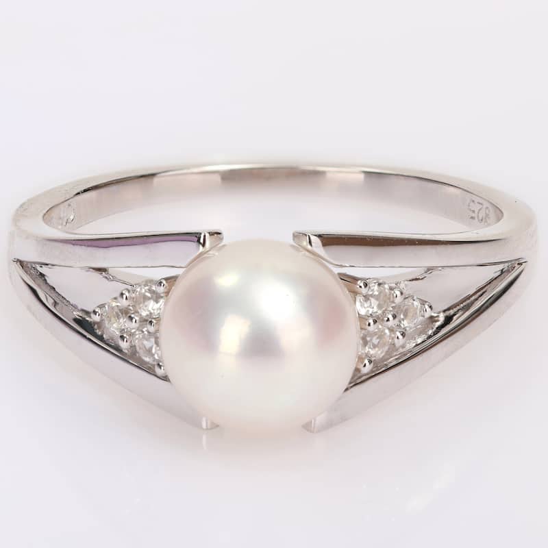 Miadora Sterling Silver Cultured Freshwater Pearl & Diamond Accent Split Shank Ring (7-7.5mm)