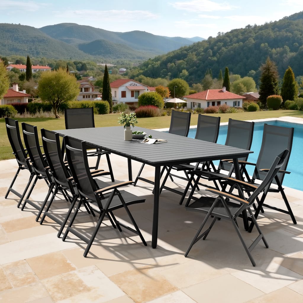 11PC Outdoor Patio Dining Set Aluminum Umbrella Hole Table with Folding Chairs