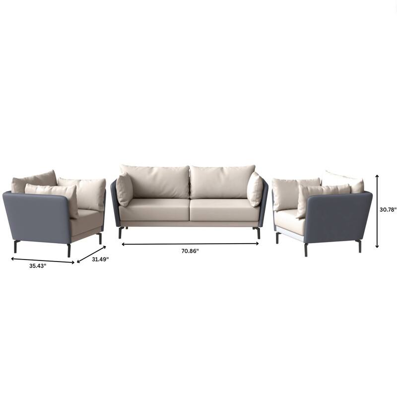 3-Piece Sofa Set Upholstered PU Leather with Metal Legs Removable Cushions for Modern Home Luxify Series by LeisureMod