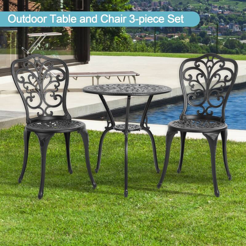 3-Piece Aluminum Outdoor Patio Butterfly Table and Chairs with Umbrella Hole - Black