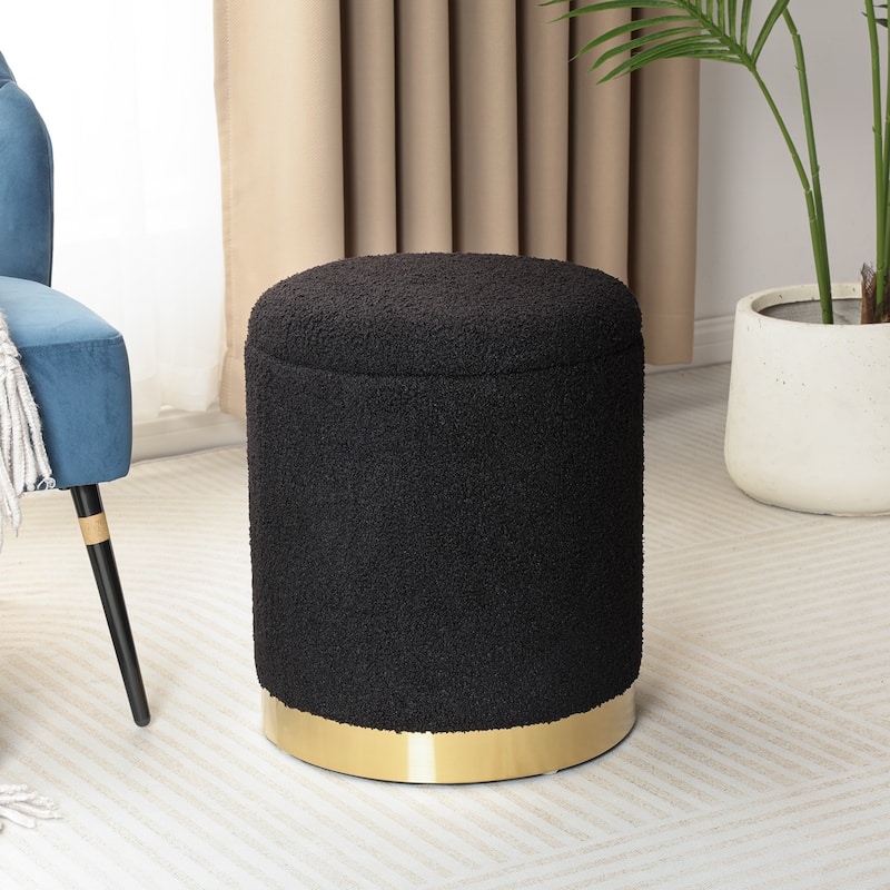 Adeco Velvet Round Storage Stool Gold Plating Base Storage Ottoman