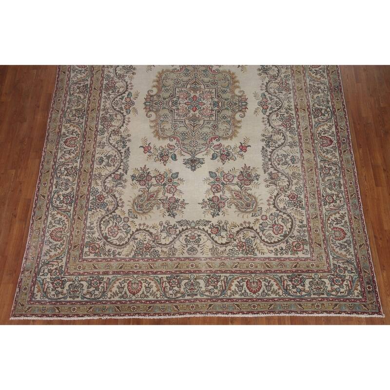 Hand Knotted Oriental 100% Wool Carpet Traditional Medallion Beige & Ivories Tabriz Area Rug - 11' 7'' X 8' 3''