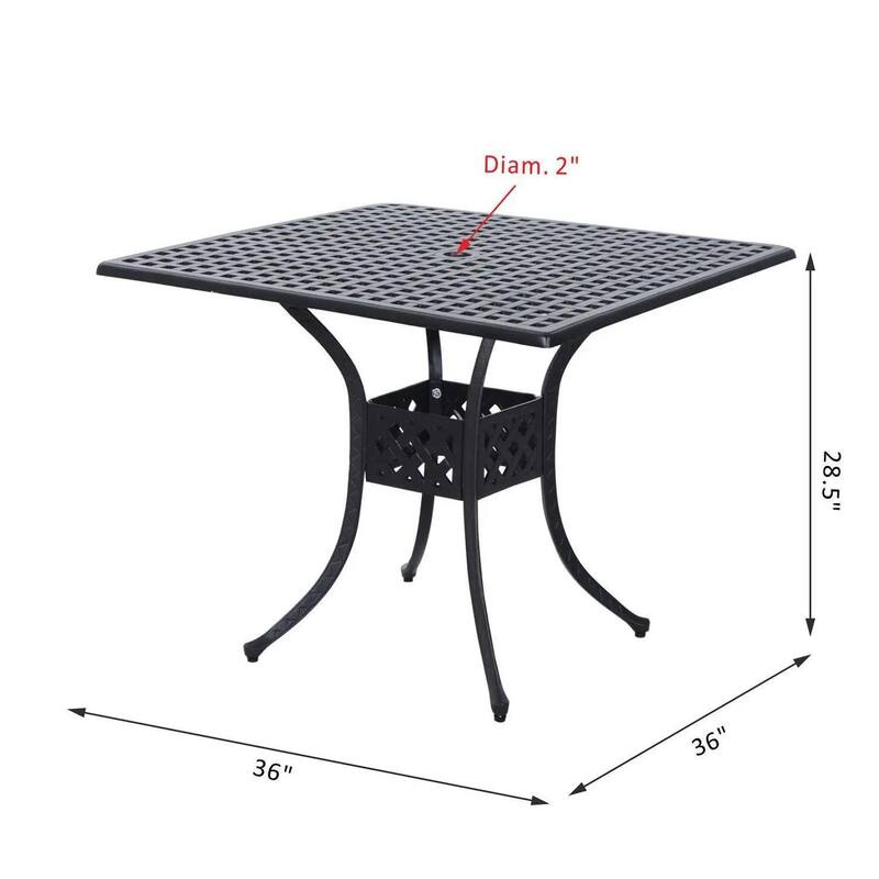 36-Inch Cast Aluminum Square Table with Umbrella Hole for Patio