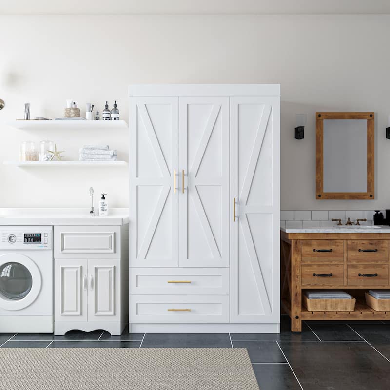 Classic Three-Door Wardrobe,Wood Bedroom Armoire with Hanging Rod and Shelves,Spacious Storage Closet,Modern Farmhouse Design