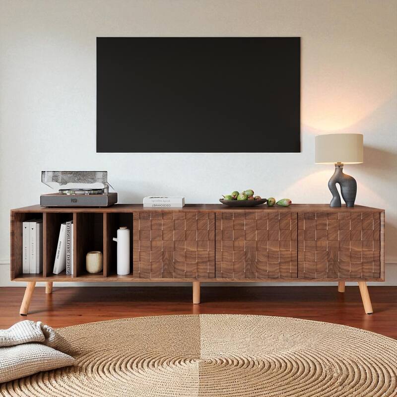70.8 Inch Mid-Century Modern TV Stand with Storage, Media Console Table with Cabinets & Open Shelves for TVs Up to 80 Inch - Walnut