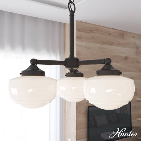 slide 2 of 18, Hunter Saddle Creek Contemporary Schoolhouse Chandelier - Clear or White Glass Globes - Entry, Dining Room, Kitchen Table 3 Light - Noble Bronze-White glass
