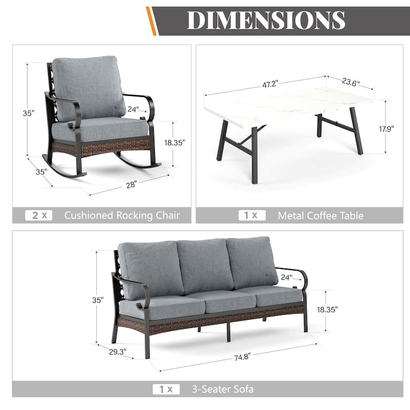 MAISON ARTS 5-Seat Outdoor Patio Furniture Sets, 2 x Cushioned Chairs, 1 x 3-Seat Sofa with Marbling Coffee Table