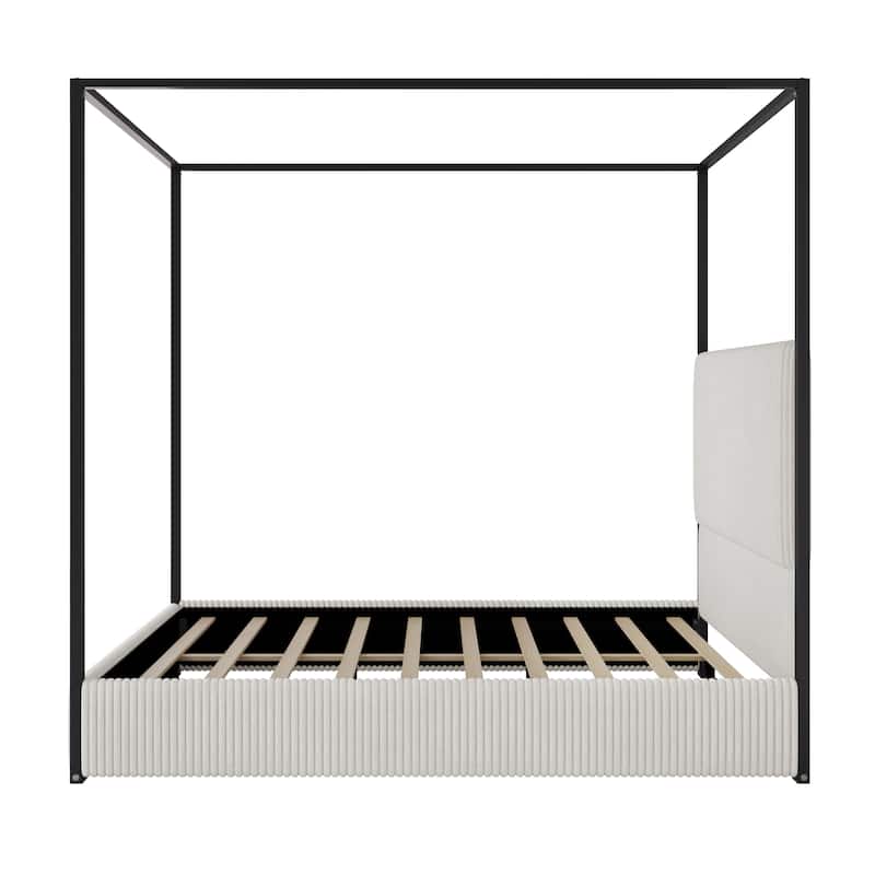 Contemporary Corduroy Upholstered Canopy Bed with Tall Headboard & Sleek Metal Frame