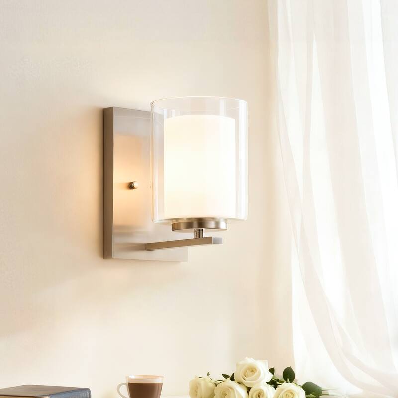 Matte Black/Brushed Nickel 1-Light Indoor Bathroom Vanity Light Wall Sconce with Dual Glass Shades - Brushed Nickel