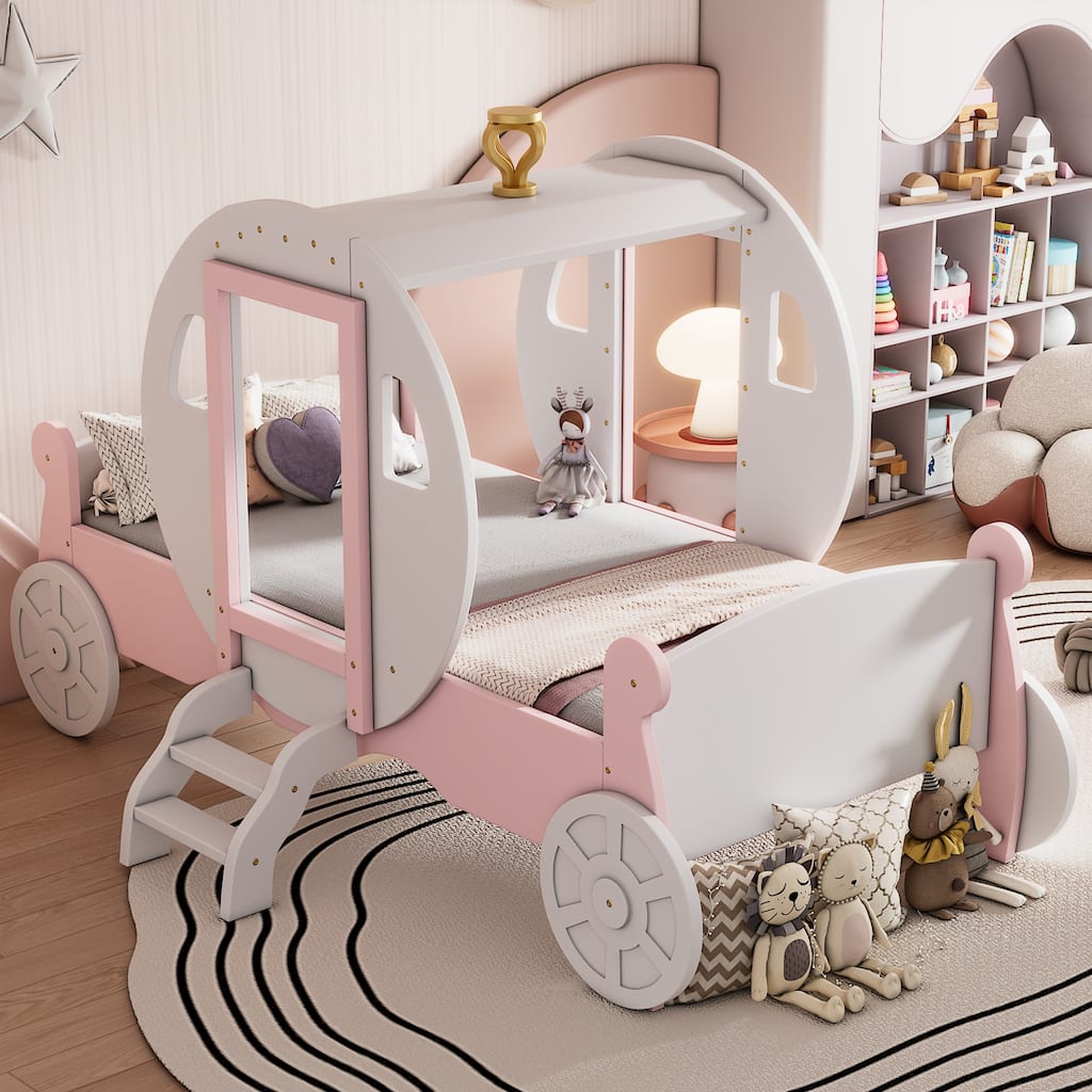 Twin Size Princess Carriage Bed with Crown and Stair, Pink and White