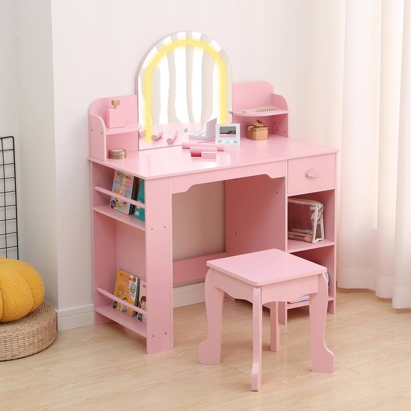 Kids Vanity Set with Lighted Mirror and Stool, 2-in-1 Makeup Tabl, for Girls Ages 3–9
