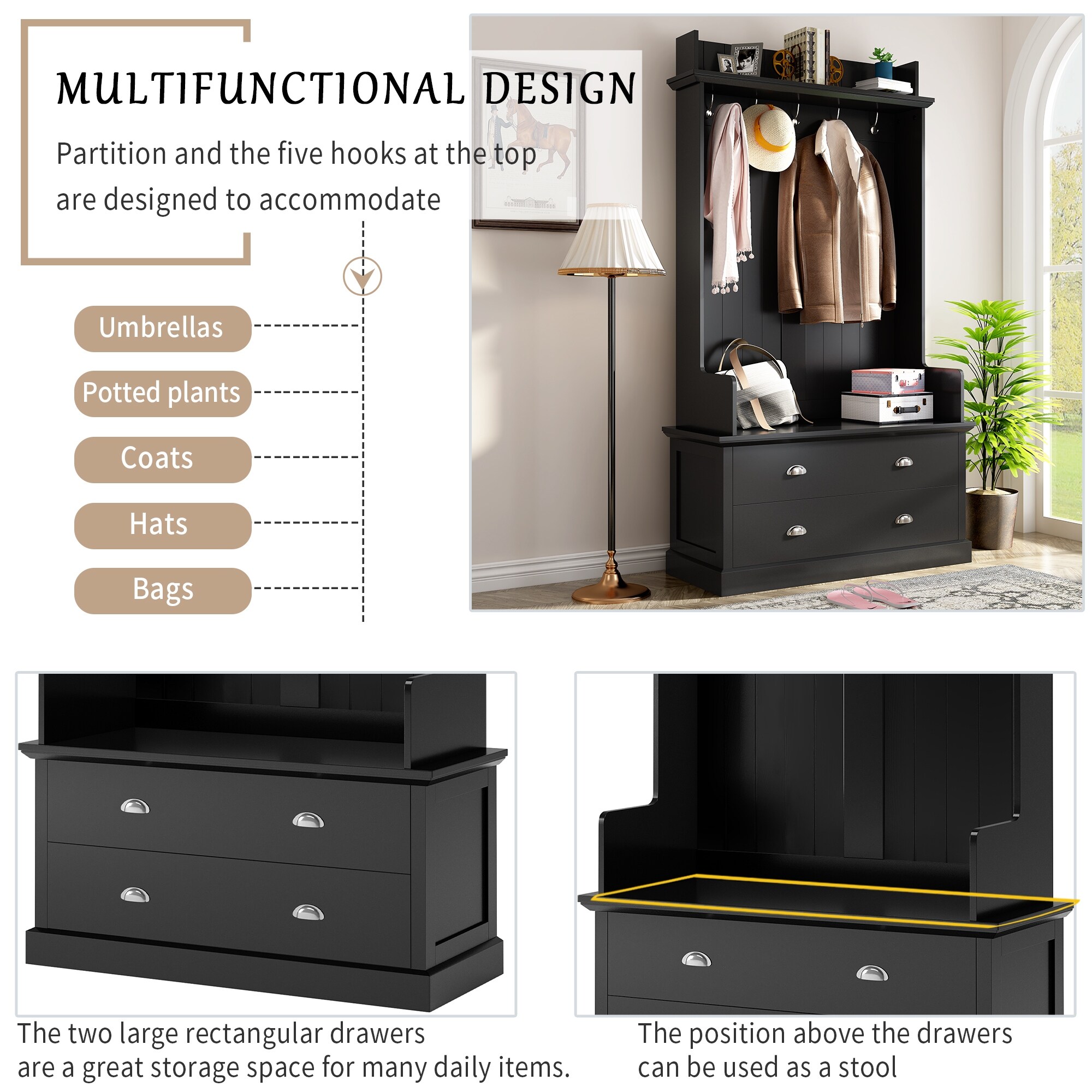 Wood Wide Shoe Storage Cabinet Entryway Bench Coat Hanger