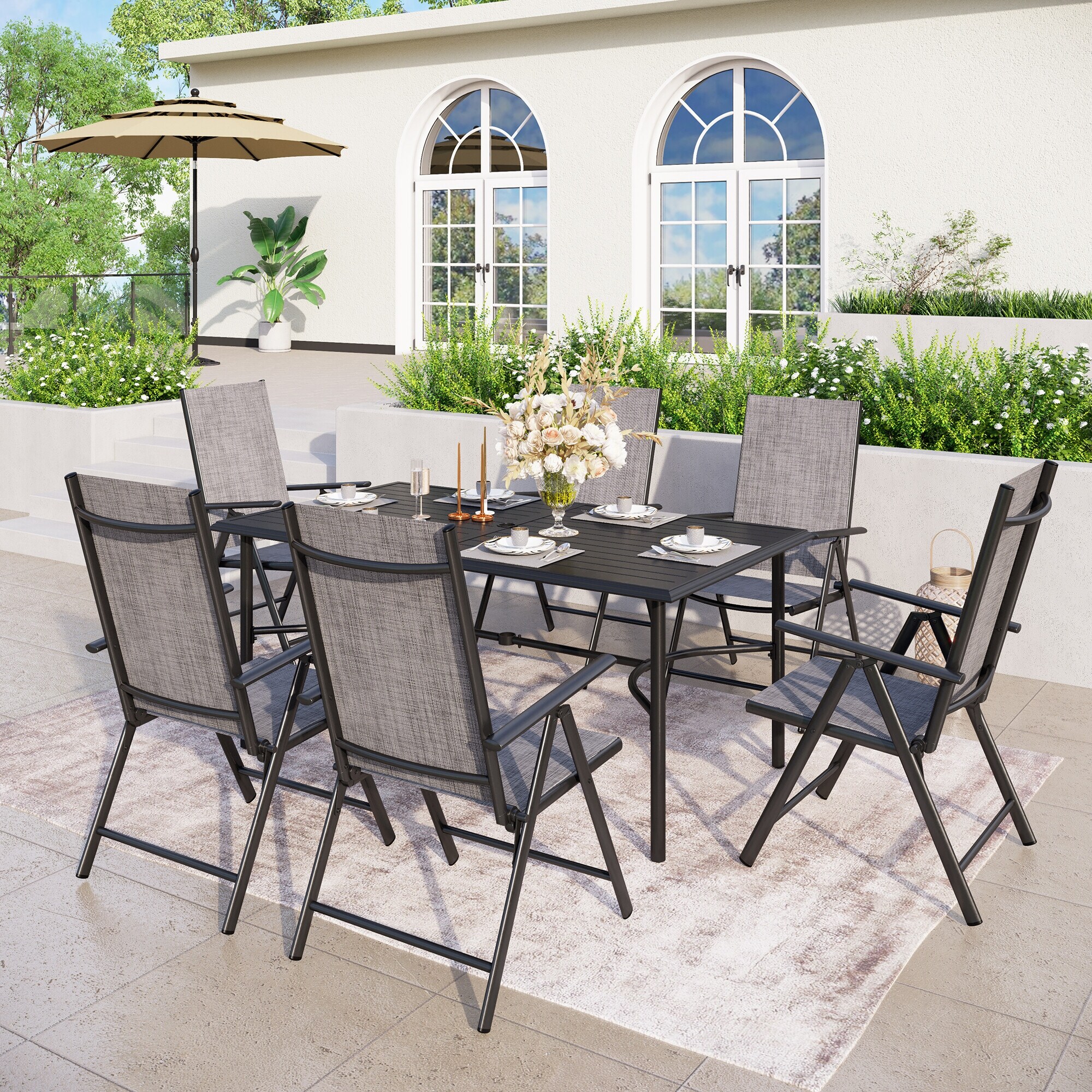 Outdoor 7 Pieces Dining Set 6 x Reclining Folding Sling Dining Chairs and 1 Patio Dining Table