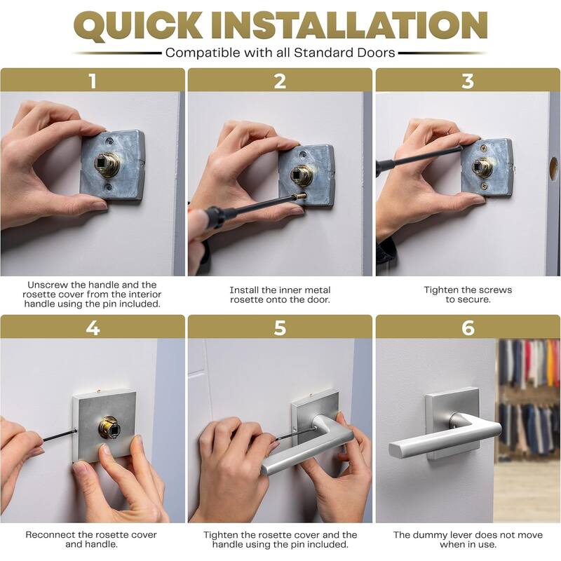 Mega Handles PRIME Reversible Dummy Interior Door Levers with Square Rosette for French Doors & Closets, Modern Stainless Steel