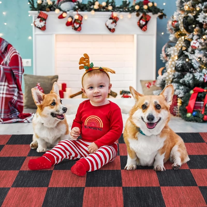 Grid Pattern Washable Christmas Area Rug Indoor Floor Cover for Xmas Holiday Decoration, Red+Black