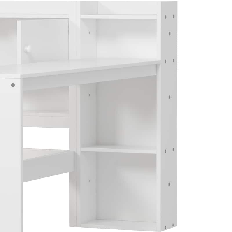 L-Shape Wooden Daybed with Storage, Study Desk, and Built-in Bookshelf, White
