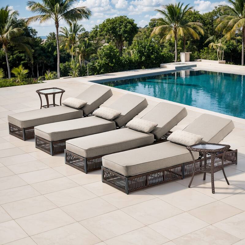 ArcoBay 6-Piece Brown Wicker Outdoor Patio Chaise Lounge with 5-Inch Thick Cushions and Side Table - Beige