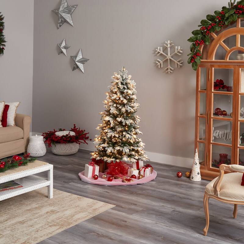 5ft Artificial Christmas Tree with Warm White Lights - Vintage Fir Tree with Flocked Branches - Holiday Decor - Green - 60