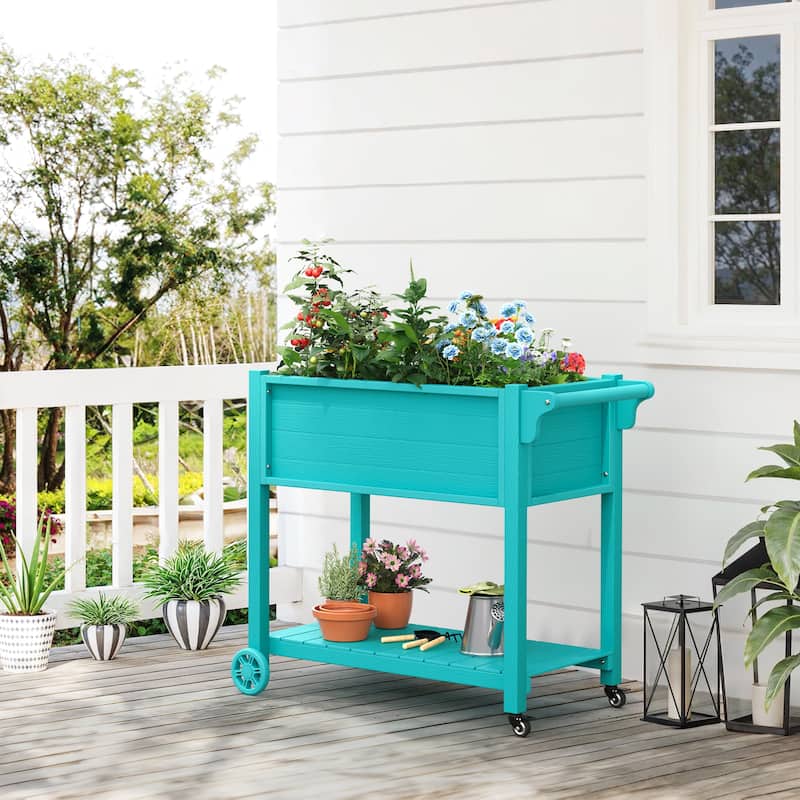 Outdoor Garden Bed Patio Plastic Raised Planter Box with Universal Wheels and Storage Shelf