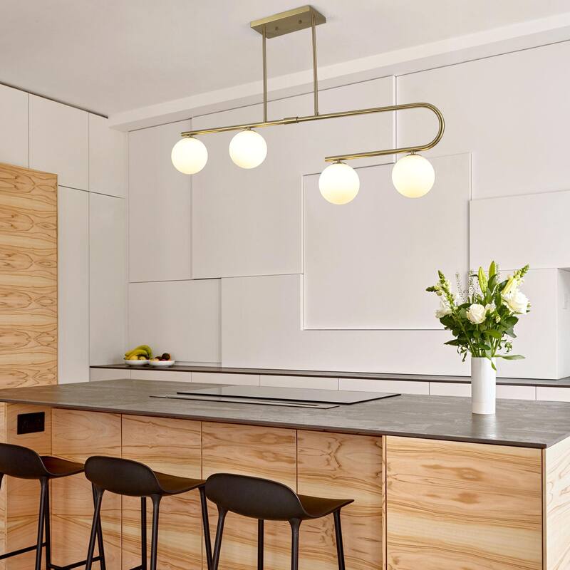 4-Light Modern Hanging Island Linear Chandelier Lighting Fixture with Glass Shade for Kitchen Foyer Dining Room