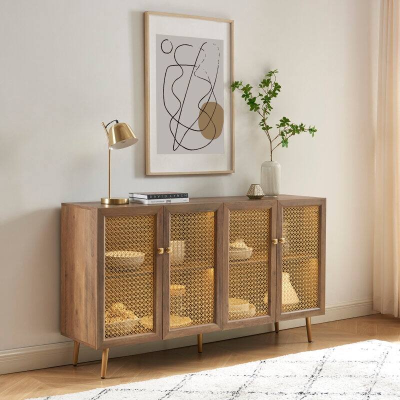 61.7''W Four Door Wood Buffets and Sideboards Storage Cabinet with LED Light - Rustic Oak