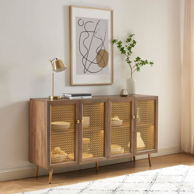 61.7''W Four Door Wood Buffets and Sideboards Storage Cabinet with LED Light