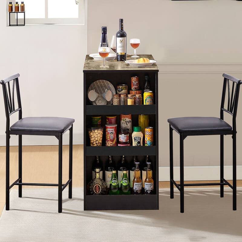 VECELO Counter Height Dining Set 35.7" Pub Table with 3-Tier Shelves PU Leather Chairs for Kitchen Breakfast Nook - Grey