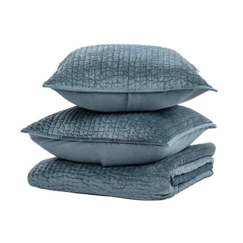 Villa by Classic Home Dimitry 3-Piece Velvet Quilt Set - Queen - Stone Blue