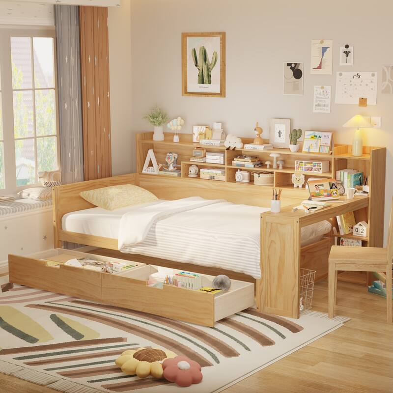 Multi-Layer Storage Headboards Wood Daybed Sofa Bed Frame, Wooden Slat Panel Bed with 2 Storage Drawers or Trundle Bed