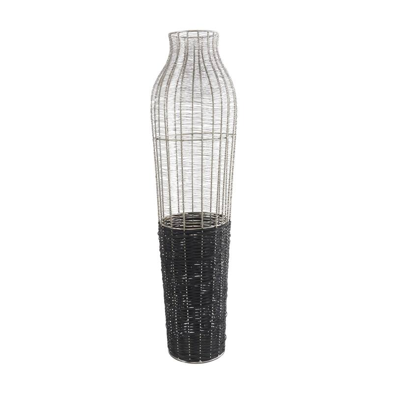 Metal Tall Decorative Vase with Woven Black Rattan Base - Silver - Roche River Decor