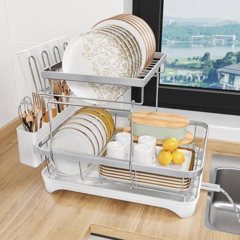 Stainless Steel Dish Drying Rack with Drain Tray & Cup Holder - White - 2-tier-Stainless Steel