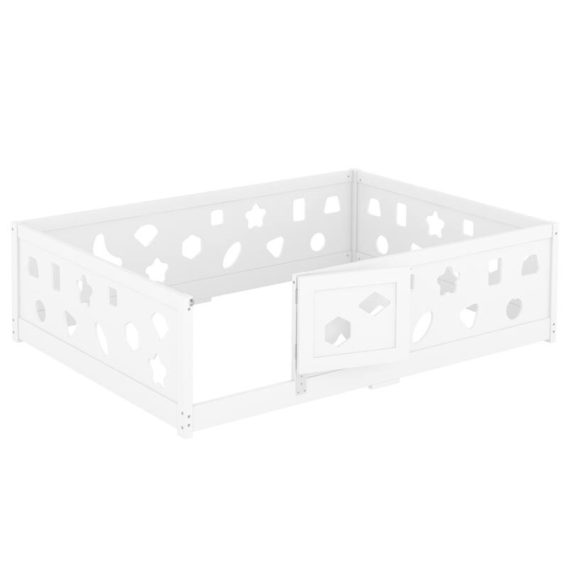 Full Size Montessori Floor Bed with Safety Guardrails & Door - Solid Wood Frame