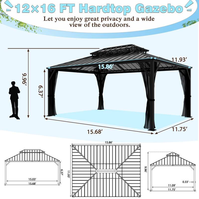 VEIKOUS Aluminum Double Hardtop Gazebo Pergola for Patio, Lawn, and Garden with Removable Netting