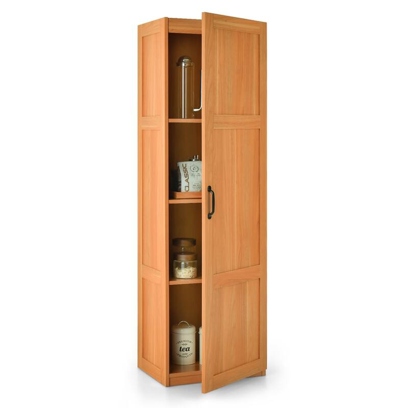 Gymax Tall Storage Cabinet Farmhouse Freestanding Floor Cabinet w/ 4 - Natural - Natural Finish