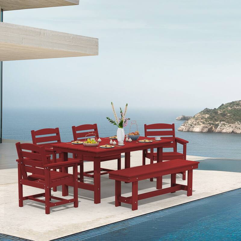 6-Piece HDPE Outdoor Dining Table Sets with Umbrella Hole - 1-Table 4-Chairs-1-Bench