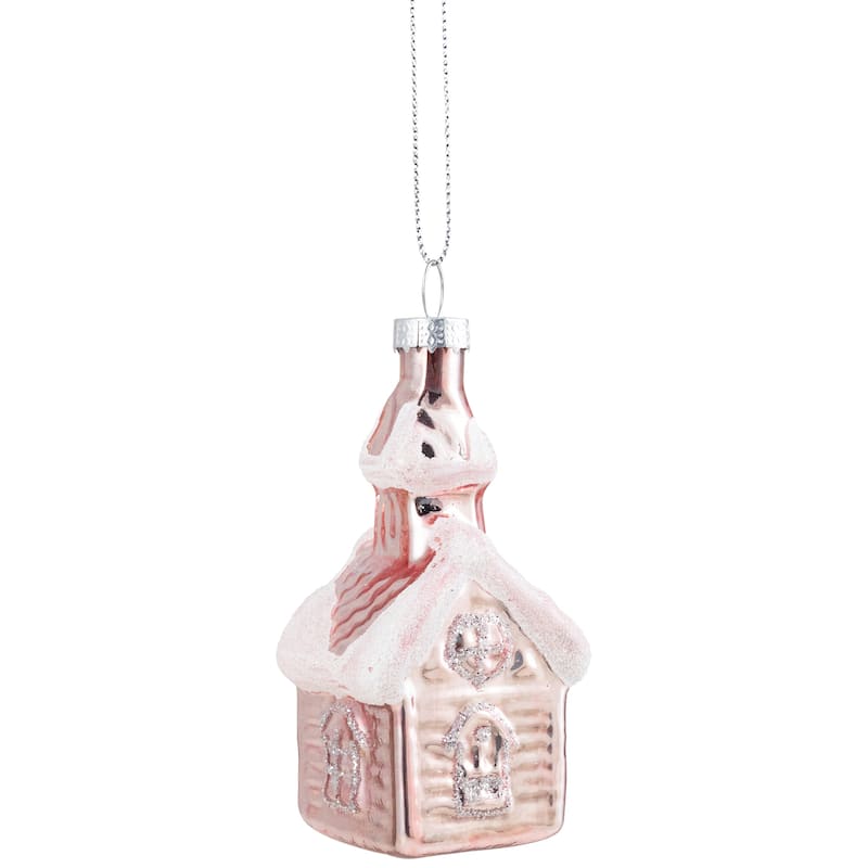 3.25" Snow Covered Pink Church Glass Christmas Ornament