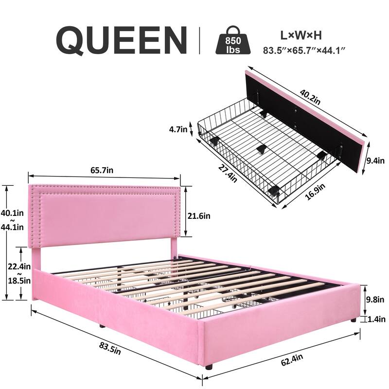 Modern Upholstered Bed Frame with 4 Storage Drawers, Platform Fabric Bed with Button Tufted Headboard