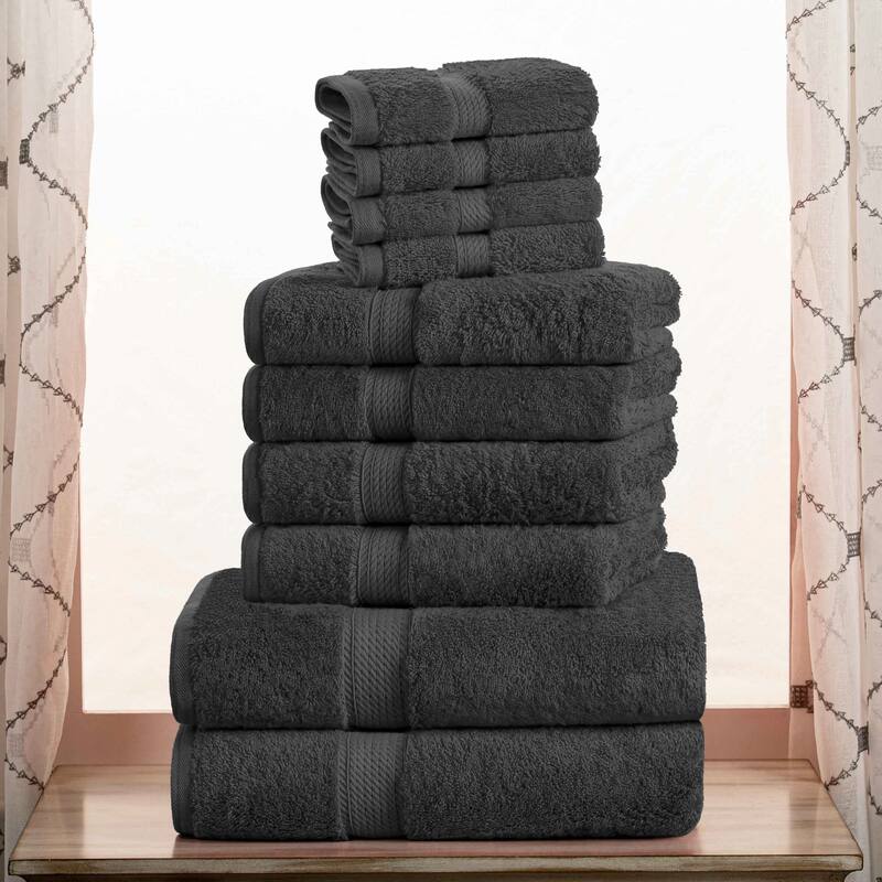 Superior Egyptian Cotton Heavyweight Solid Plush Towel Set - 10-Piece Set - Charcoal