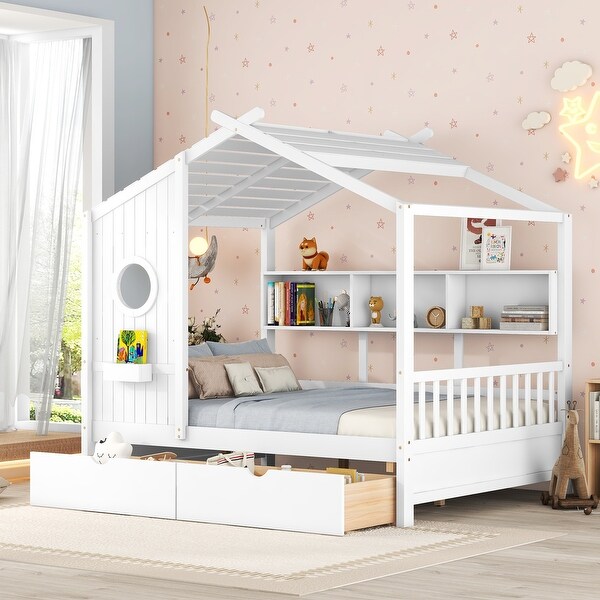 Full Size House Bed with 2 Storage Drawers Kids Bed with Storage Shelves Wooden House Bed Frame for Girls Boys White Bed Bath Beyond 40217703